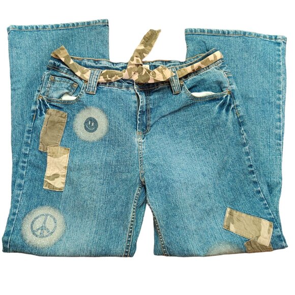 Vintage Faded Glory Girls Plus Jeans Flare Leg Camo Patch y2K Denim Blue Sz 16.5 - Picture 4 of 11